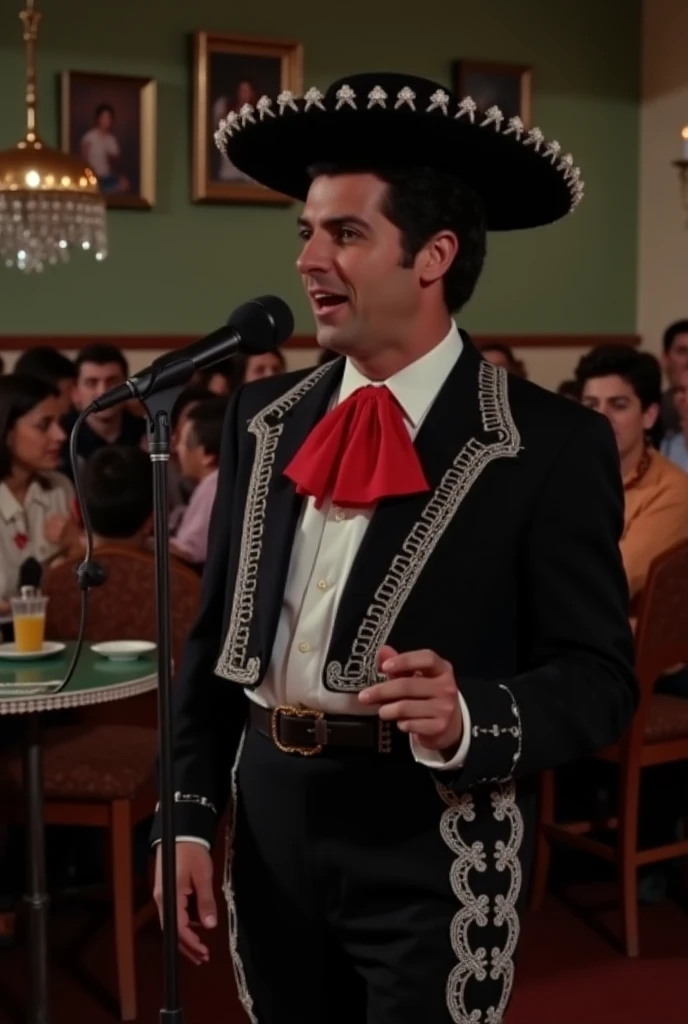Mariachi orchestra playing at a party, luxury clothing, the young and handsome singer, manly face, dressed in white with the Mexican charro hat in his left hand