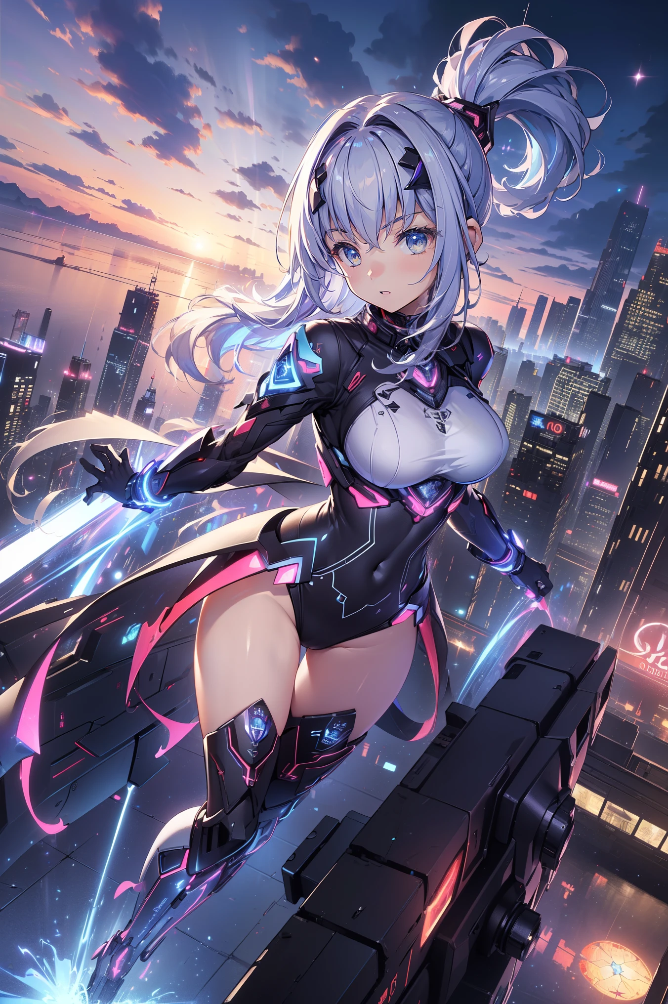 fantasy, 1girl,young_teen, ,silver_hair, short_hair, long_bangs, bare_shoulder,thighhighs,silver_armor, waist_armor, large_breasts,half_eyes,floating, bare_crotch, headgear,gauntlet, greaves,city_background,slightly_spread_legs, solo, groin_naked,hair_over_one_eye,