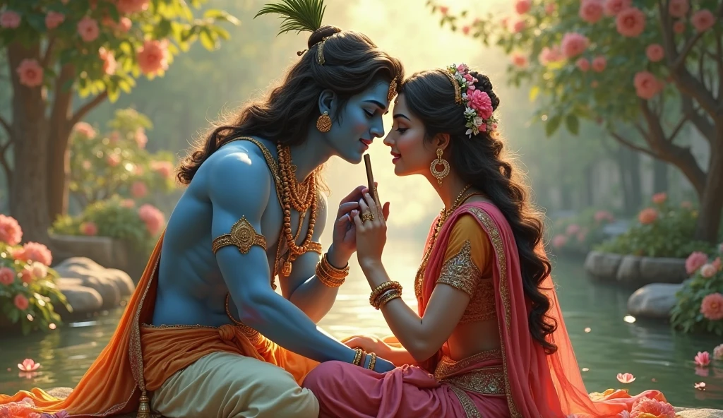 Lord blue krishna playing flute in raj mahal infront of radha while radha dancing and Krishna sitting from Radha's persceptive
