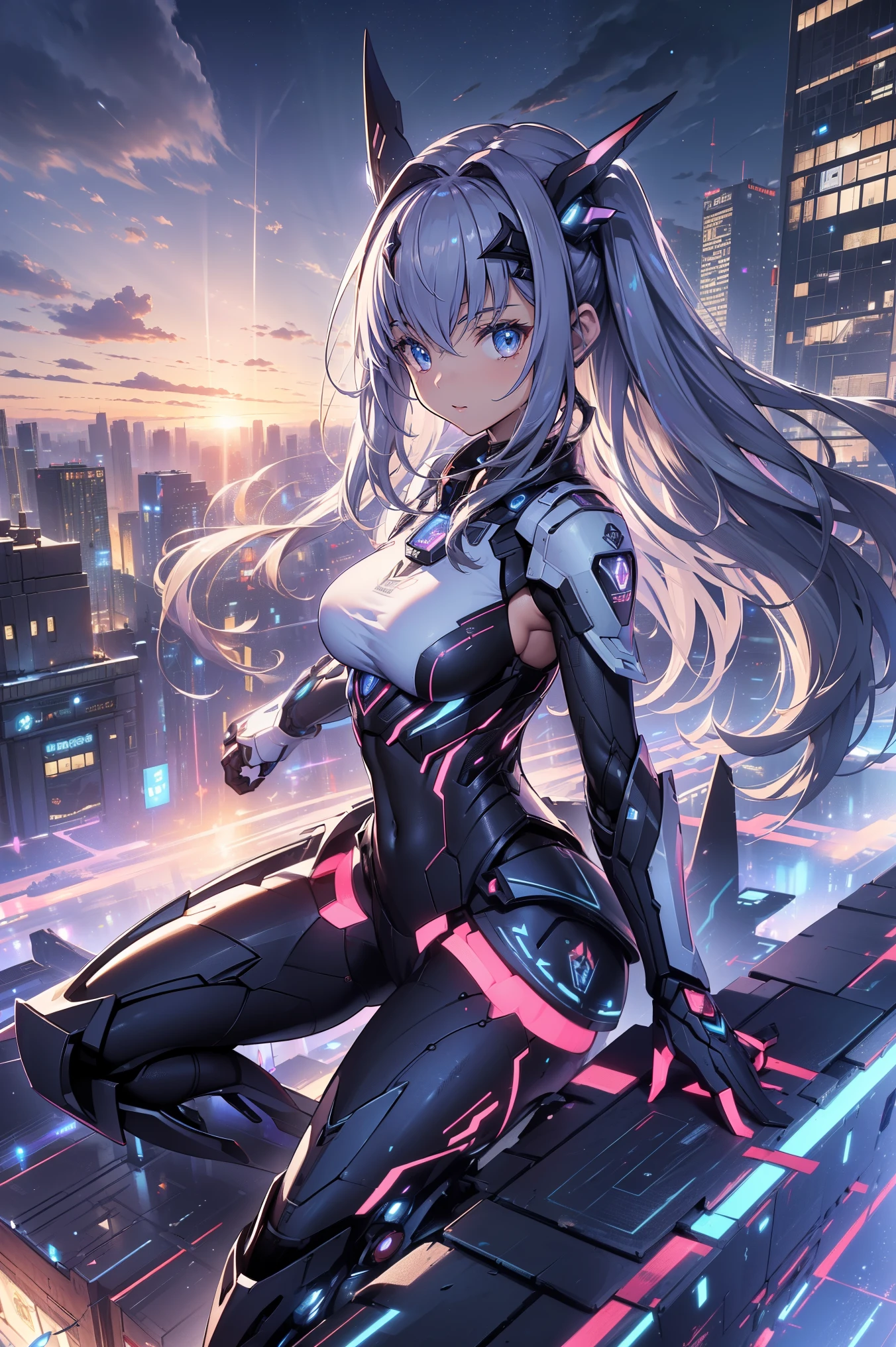 Close-up of a man with a gun in the city, Girl wearing mecha cyber armor, modern mecha anime, Cyberpunk Anime Girl Mecha, inspired Written by Krentz Kuschaert, Written by Krentz Kuschaert, A mix of anime robots and organic matter, Anime Mecha Aesthetics, Modern science fiction anime, Female Mecha, Mechanized Valkyrie Girl,fighting stance, very large futuristic suit, large rifle, mechanical wings,shining,war,battle,fly to the sky,