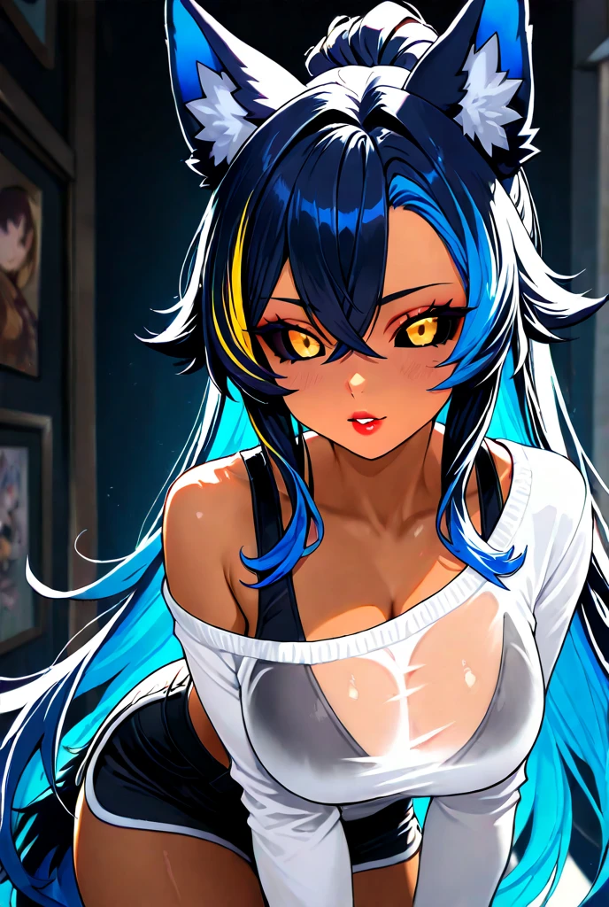 A dark-haired、Blue-haired、Lily、angry expressions、((bunnygirl))、((two tone hair color))、((Black and blue hair))、((Long ponytail))、drooping eyes、Jumping、((Standing on one leg))、No background、White background, ((Looking at Viewer))、((One girl))、striated hair、((Forehead))、Leaning forward、Cowboy Shot, absurderes, Solo, embarrassed, ((blush)), skinny、White rabbit ears、
