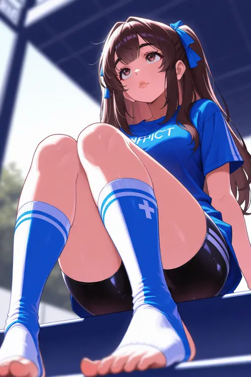 、highest quality、High resolution、alone、low length、thin legs、belly button、smile、、dark brown hair、bun hair、blue eyes、long twin tails、visor cap, volleyball uniform 、pink ribbon、clock、soaking wet、Drops dripping, pantyhose, underwear showing, lewd, nsfw, sexy, seductive, sweaty, spreading legs