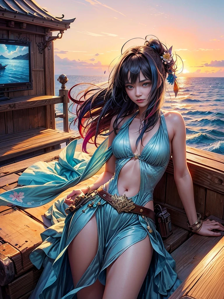 a sexy woman in a blue saree sitting on a boat, sitting on a boat, silk flowing in wind, sensuous, wind kissed pictures, movie stills, wind kissed picture, indi sulta, still from movie, the wind moves her saree, jayison devadas, indian super model, indian girl with glowing skin, promotional still, national geographic photoshoot, female figure in sexy saree, exposing pose, huge breasts, cleavage , smily face, smile on face, film movie still a boat floating on top of a body of water, anime scenery, cgsociety 9, anime beautiful peace scene, anime atmospheric, anime fantasy artwork, beautiful anime art, detailed anime art, beautiful anime art style, anime painting, detailed anime artwork, blurry and dreamy illustration, anime landscape, ross tran. scenic background, makoto shinkai cyril rolando
