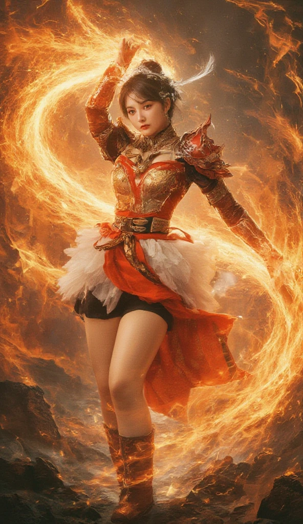 
Realistic, surrealistic 20-year-old Asian girl with long black hair, bangs with wind effect, floating above the clouds, wearing a legendary red, white and gold Xianxia costume, holding a large ancient Chinese hammer, standing on a golden cloud, fighting pose, martial arts pose, and shouting bullet time effect. The orange flame halo around her is flaming and expanding in a terrifyingly high range, seeming to bend and swirl along with her energy. High angle shot with a worm's eye view in a full body shot. Fujifilm D55 lens: 50mm f/1.8 --ar 3:4 --Raw Style --Style 250 --iw 0.5UHD