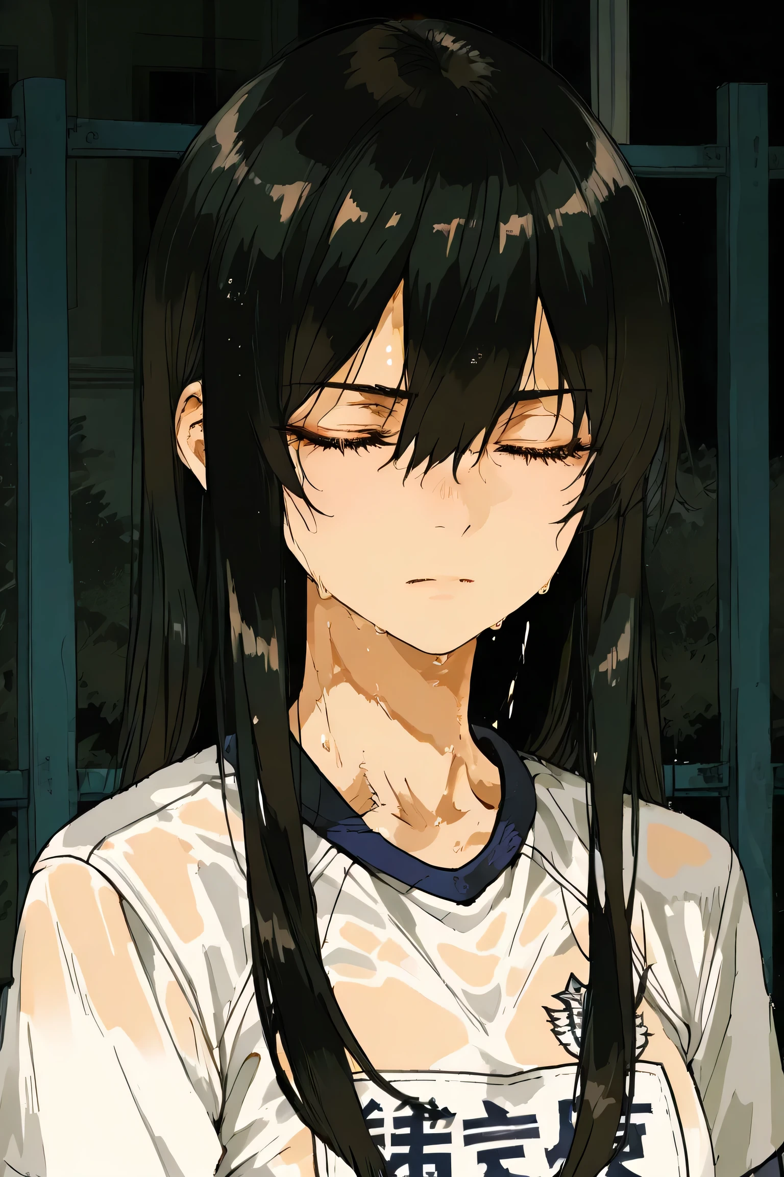 Girl with serious melancholic anime expression, Long black hair, Anime style, sports uniform, portrait in the foreground, half body, front view looking forward looking into the distance, serious melancholic look cuero suave, Minimum fund, Interior environment, Dim environment , sharp focus on the face, digital illustration, old girl, serious melancholic look, Detailed, without deformations, wallpaper, rostro Detailed, sports uniform Detailed, sports uniform without deformations, cuerpo without deformations, cuerpo Detailed, serious melancholic eyes, without deformations Detaileds, modern building background, modern gym backgrounds, edificios modernos Detaileds, gimnasios escolares modernos without deformations, gimnasios escolares modernos Detaileds, gimnasios escolares modernos without deformations, Semi-sweaty girl, ojos without deformations, ojos Detaileds, supported by a gym fence, detailed fence, cerca without deformations, modern school gym background, without deformations, Girl sighing with her eyes closed