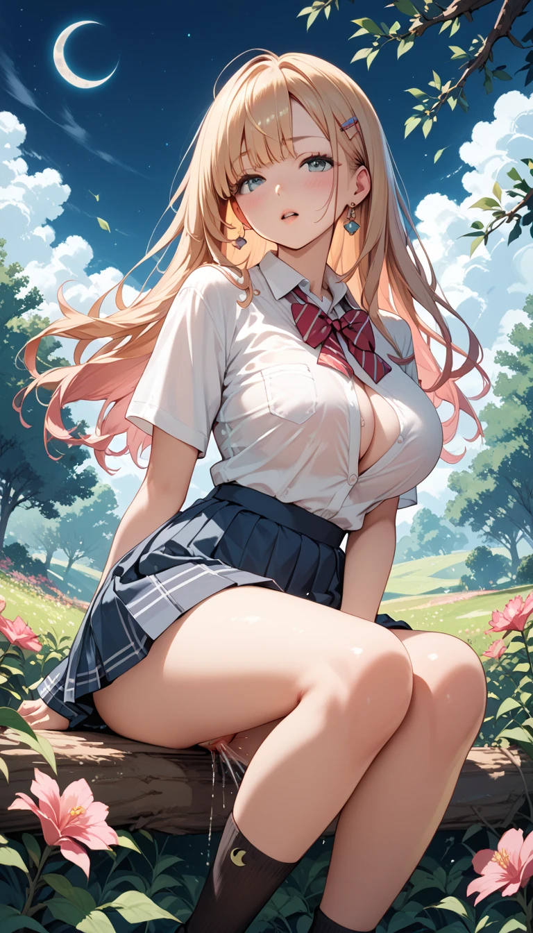 Masterpiece, Best Quality, Official Art, (Highly Detailed CG Unity 8k wallpaper), Detailed background, (Hands by Guido Daniele: 1.1), Feet out of frame, First Person View, 1, Attractive and perfect beautiful woman, , JK,  uniform, spring, cherry, wind blowing, (((Flipping skirt, panties visible))), ( Curvaceous), ( White thighs: 1.12), ( Blonde Long Hair: 1.12), (Ahoge: 1.13), (High Ponytail: 1.12), (Green Eyes: 1.13), Look at the Beholder, Big, (cleavage), Beautiful Face, (Blush: 1.11), (Smile: 1.11)