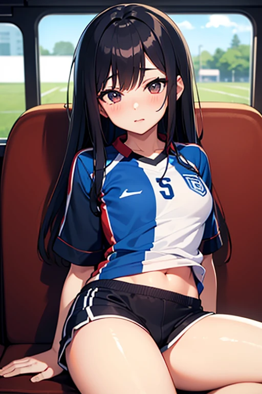 Wearing a soccer uniform with an embroidered logo、Junior high school girl with small breasts、Sweaty and looking happy、Her nipples are visible and protruding、lying on the bed、View from the front、Low - Angle、The uniform has an embroidered logo