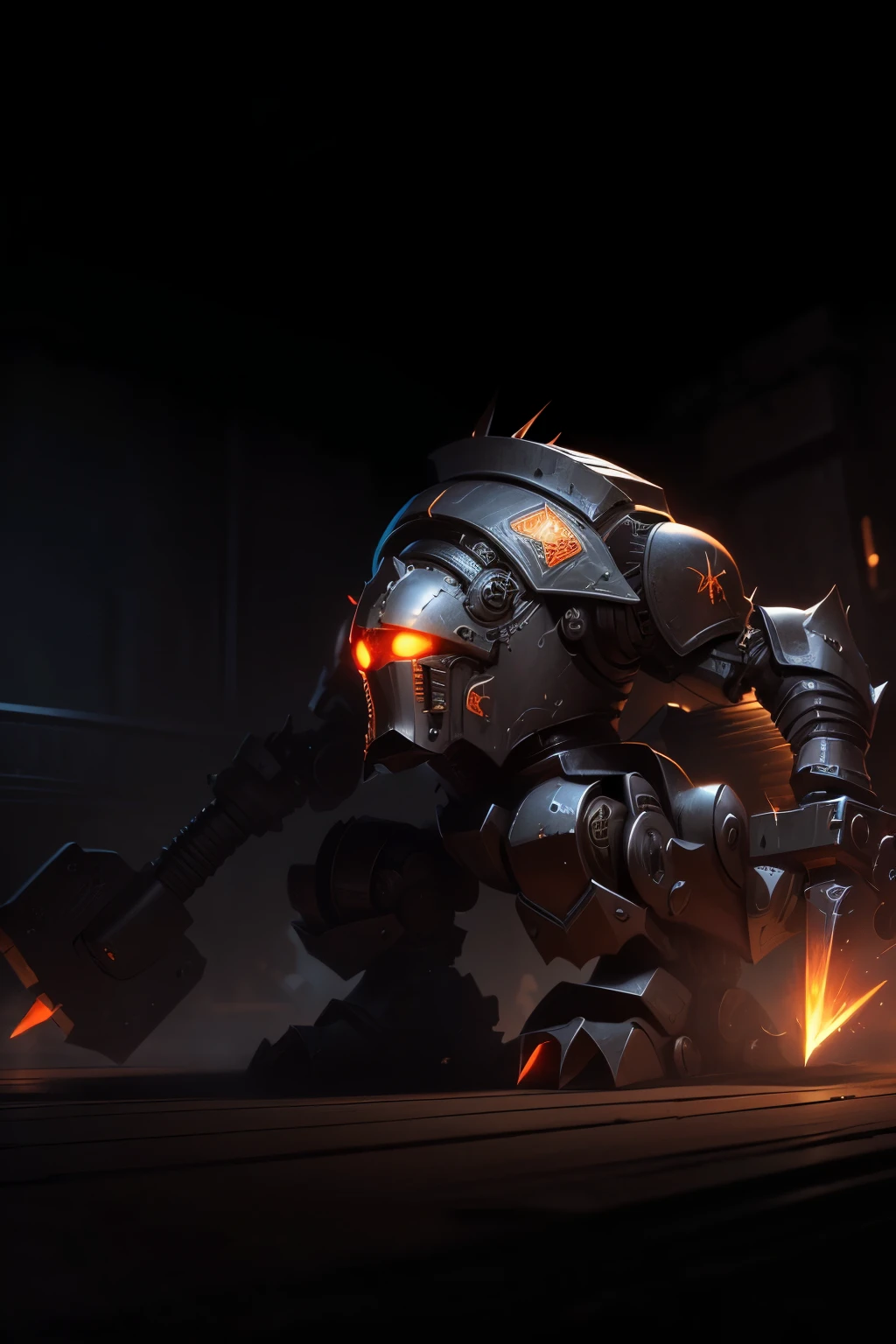 (Ultra-detailed, Gothic Illustration, Dark tone colors. Huge combat robot hangar. The background is drawn with vector graphics, perspective drawings, 3D line drawings, masses, trons, neon, and vector scans. Classical design, steampunk style, artifacts.), BREAK
(Ancient giant craftsman robots, their entire bodies decorated in relief with silver runes and whirlpool motifs. In the center of its stocky, hunched body is a face that resembles an armor helmet. In its right hand is a hammer that emits a huge bolt of lightning, and in its left hand is an arm with three large, long claws. Sharp thorns and blades are attached to the armor of its entire body. Both of its strong legs are protected by heavy armor.)
