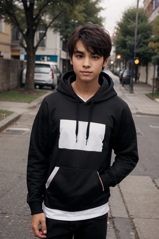 a black haired boy, Hazel eyes, slight red circles under your eyes, hair somewhat messy, He is wearing a gray sweatshirt with black jeans.