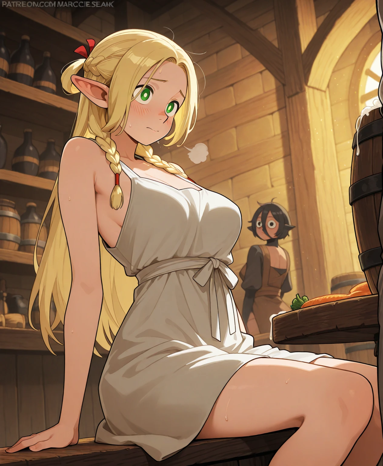 Marcille Donato, cute and sexy elf girl with blond hair, beach, sea, girl in a swimsuit, turquoise swimsuit, red choker