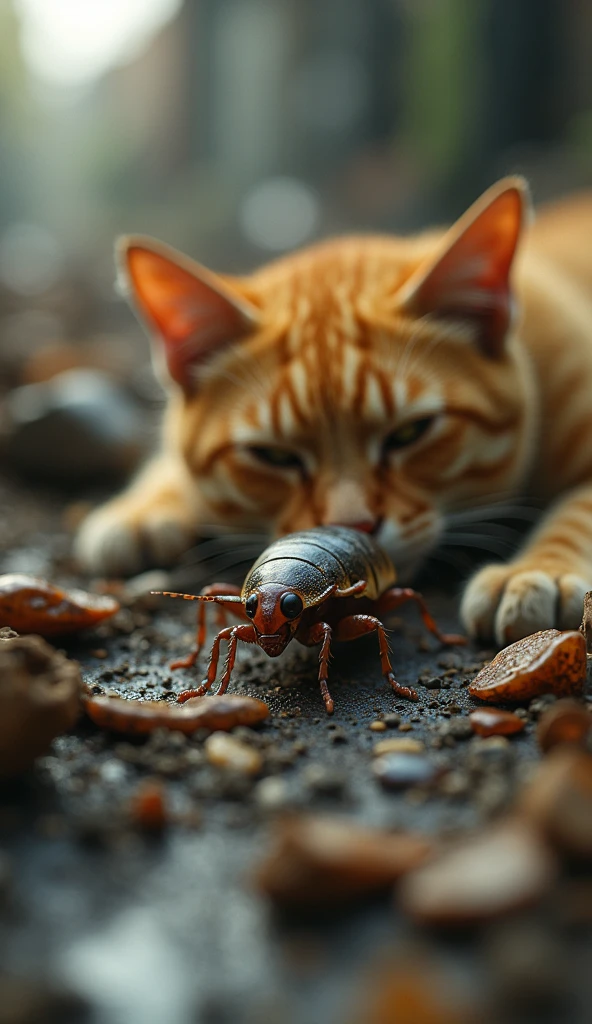 arafed a picture of an ant looking at a cat, picture taken from the ant point of view of the ant, hyperrealism style, vibrant, Ultra-high resolution, High Contrast, (masterpiece:1.5), highest quality, Best aesthetics), best details, best quality, highres, ultra wide angle, 16k, [ultra detailed], masterpiece, best quality, (extremely detailed) RAW