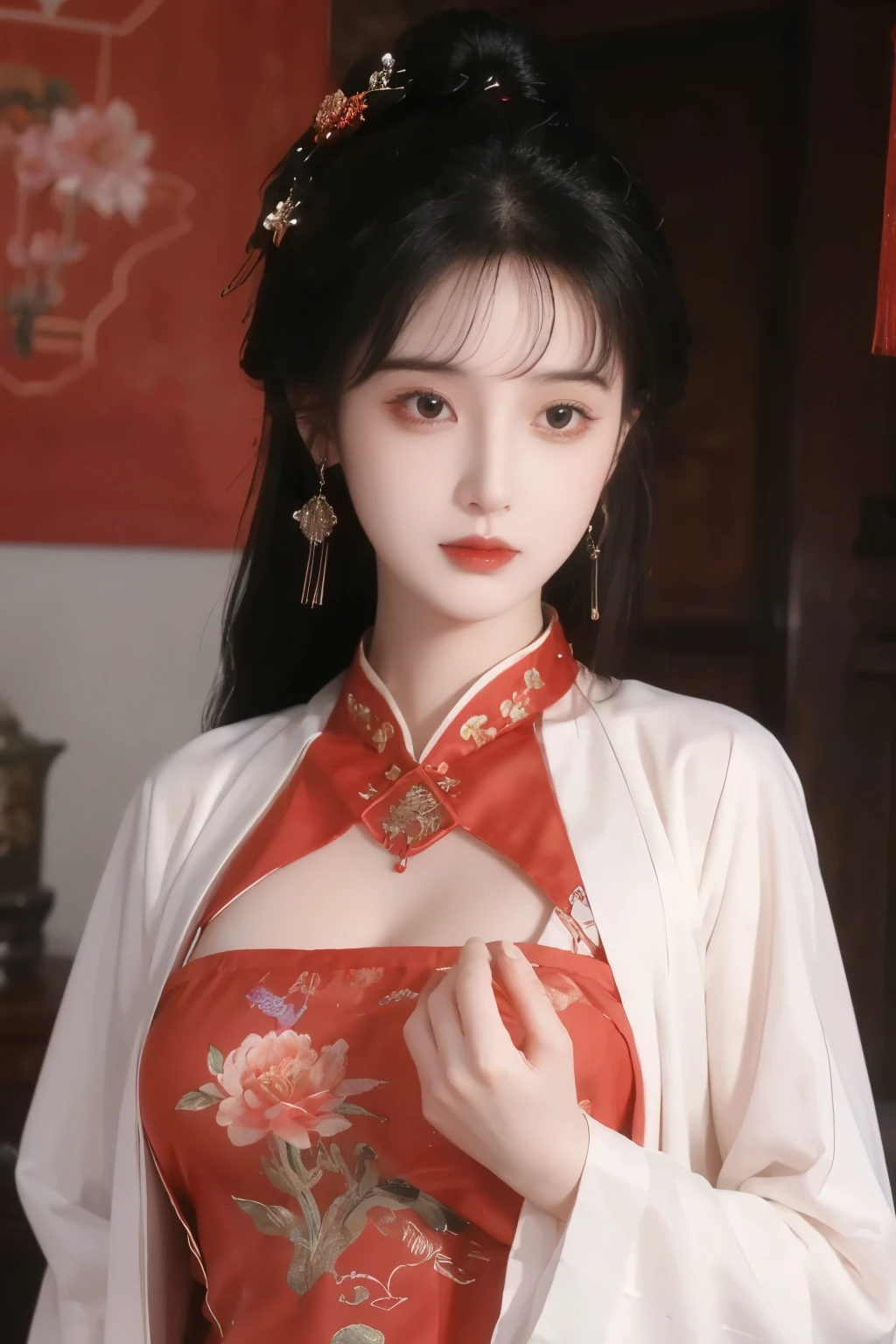 ( masterpiece, top quality, best quality, official art, beautiful and aesthetic:1.2), (1 Girl:1.3), flat chest, extremely detailed,(Fractal Art:1.1),(Flowers:1.3),Highest Detail,(dynamic pose), (background:1.3), (traditional Chinese costume:1.2), (shiny skin), ( many colors :1.4), ,(earrings:1.1),