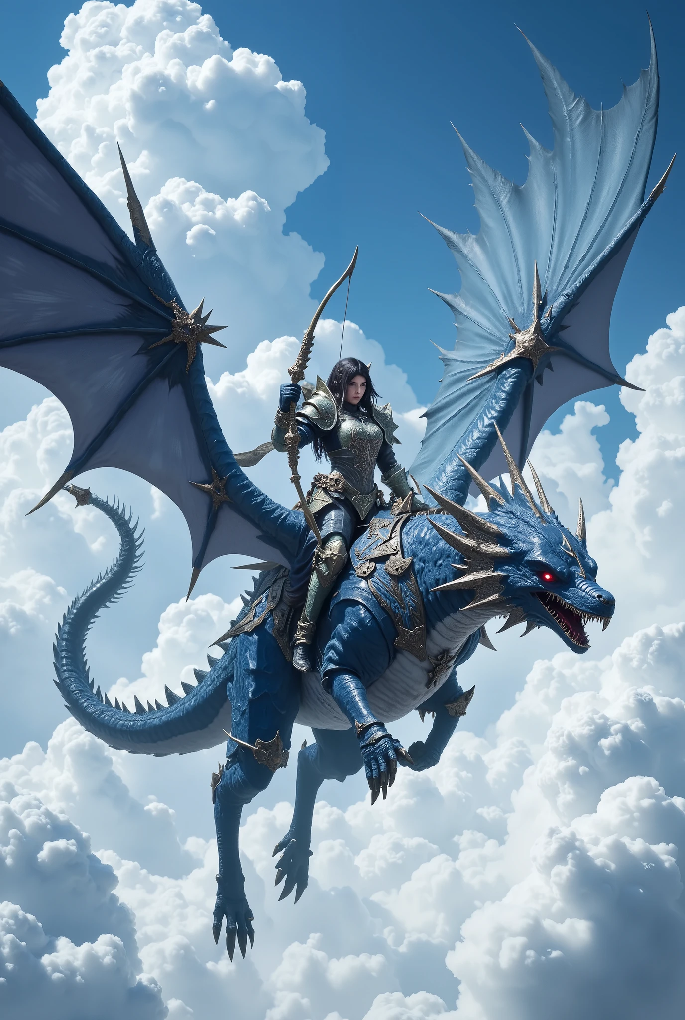 monster hunters、 ( a scene where she flies through the sky riding a blue wyvern with a bow and arrow)( a beautiful woman like a fashion model wearing light green armor )( A blue wyvern spits fire out of the sky with a long neck 、 spreading her wings in a cool pose )(The background is Yamashiro 、Asahi、) high resolution, High Quality , Ultra-Fine, textured skin, 4K,