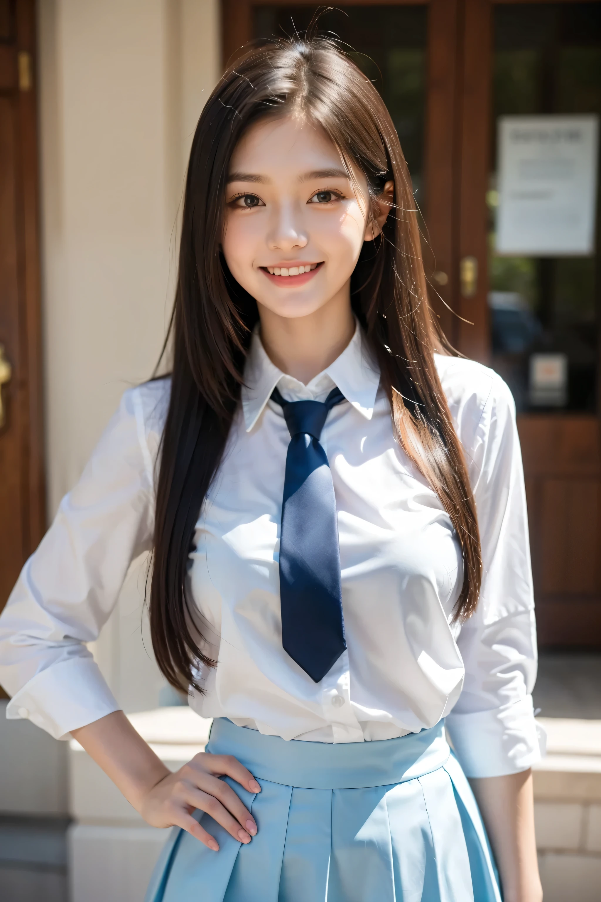1 girl, mature woman, school uniform with open chest, photo, realistic, top quality, adoption, detailed face, smile: 1.5, brown hair, office, building from window, detailed background, diffused sunlight, depth of field, bokeh, face when with someone you like, large and disturbing breasts: 1.5, oversize, plussize, thin arms and legs, overweight only breasts, mini skirt, chest that almost tears clothes