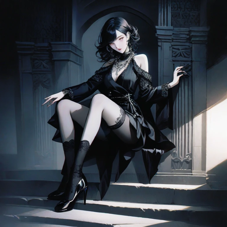 goth girl, with glasses, black hair, black makeup, boots, short hair, sexy, mature, black dress