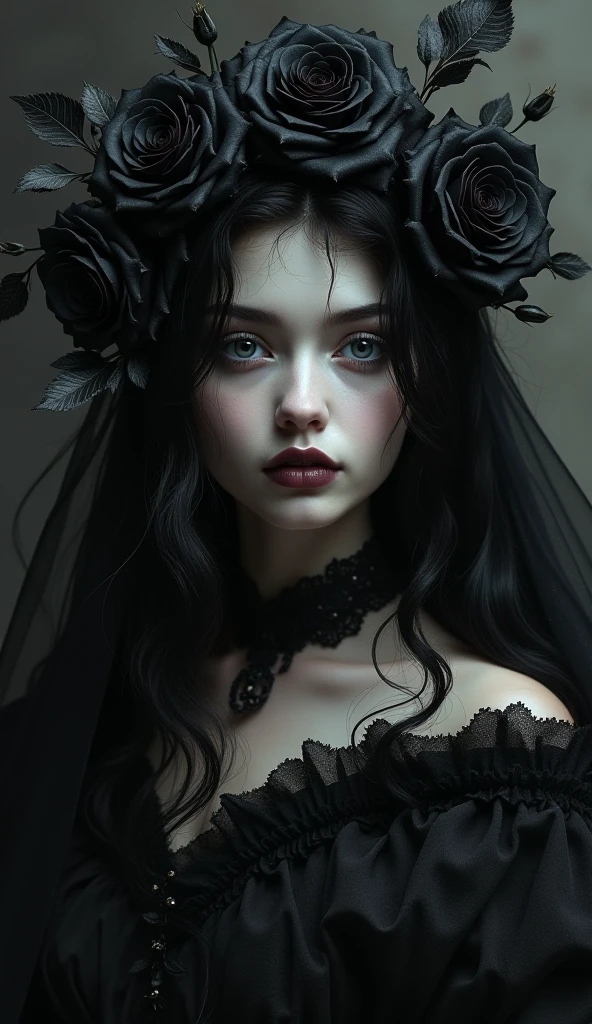 A gotic woman with piercing eyes, draped in elegant black lace, exuding an aura of mystery and allure.