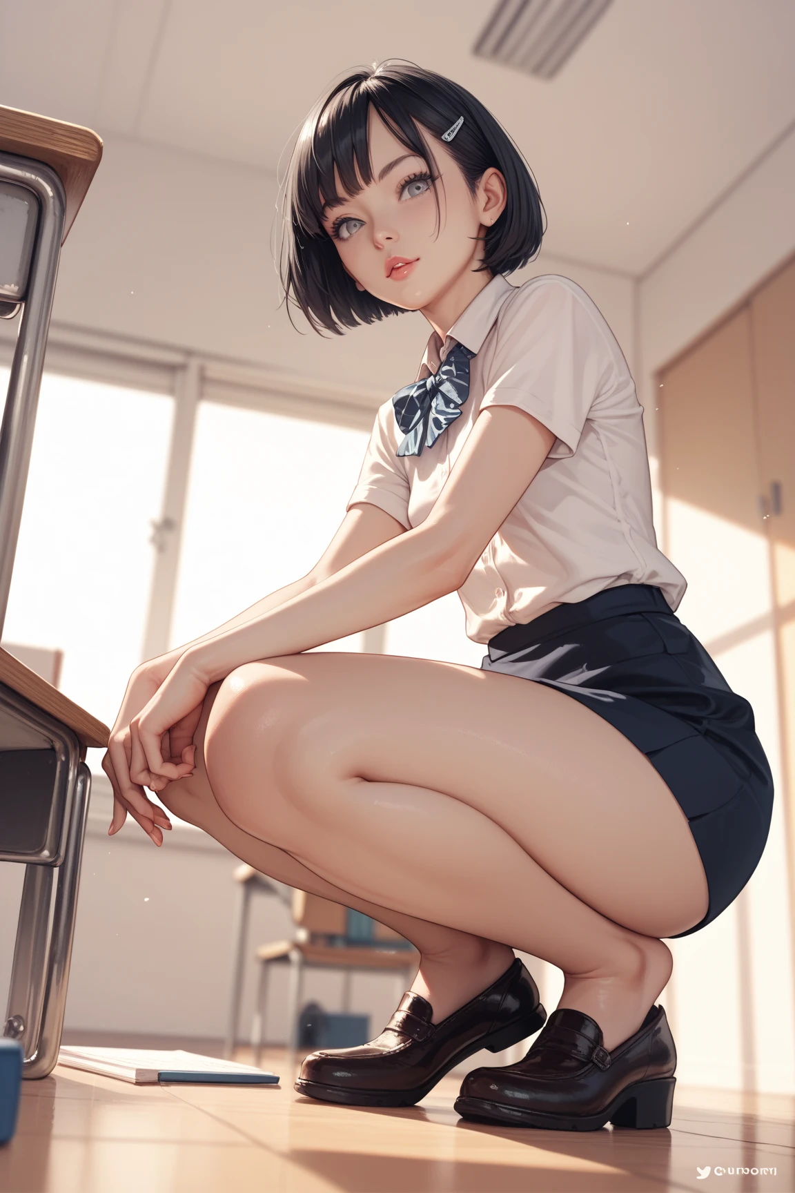 Masterpiece, high quality, high definition image, high definition skin, high school girl, short bob, leaning forward, sucking her finger, sticking out her tongue, happy expression, her eyes are staring at the camera, Her uniform is in disarray and her large breasts are exposed, touching his crotch, in classroom