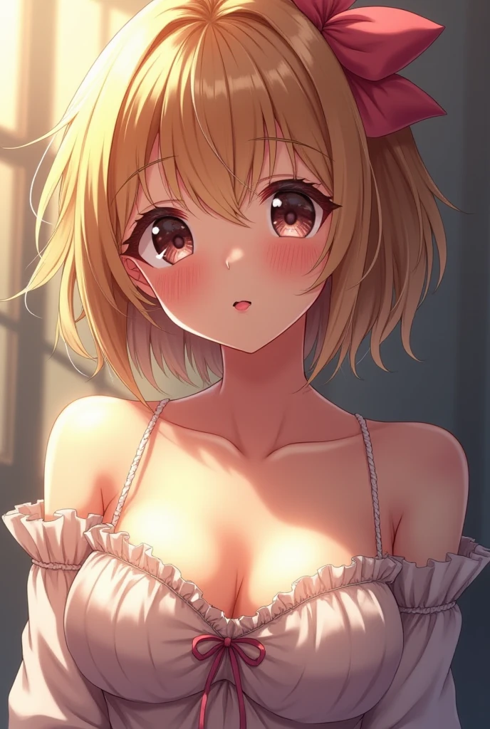 (pastel color palette), detailed yellow eyes, blonde hair, hairbuns, Official art, Unity 8k Wallpaper, Ultra-detail, Beautiful and aesthetic, masterpiece, Best Quality, 1girl, ((big tits)), Extremely detailed, elegant, vivd color, romanticism, arms behind back, shiny skin, heavy blushing, upper body, straight on, (cleavage), ((((anime style)))), portrait, (((Himiko Toga))), (My Hero Academia) 
