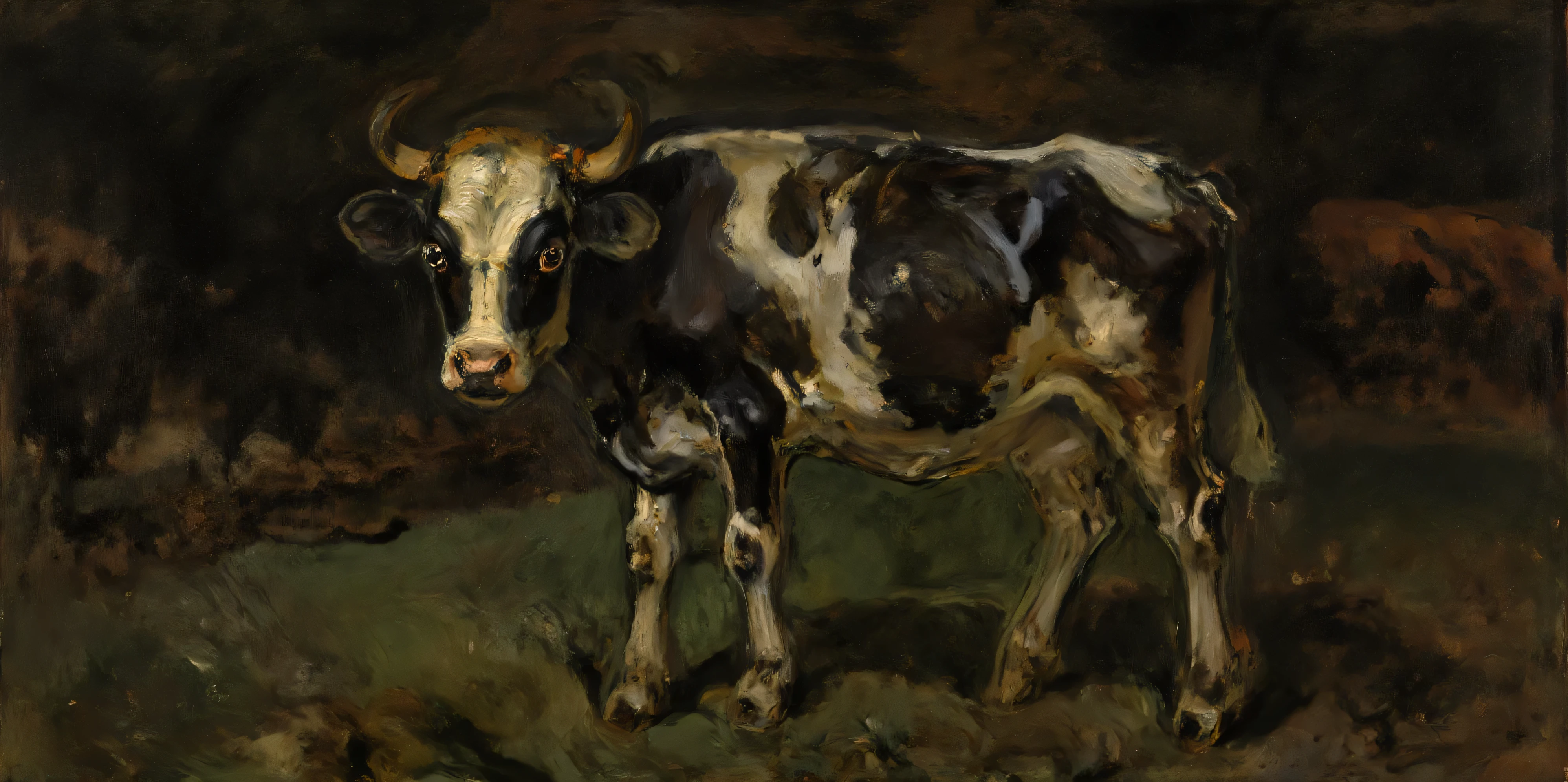 16th century style oil painting, foreboding, dark background, front light, odd, strange, thick brush strokes, blacks, whites, greens, dramatic, a black and white dairy cow, in a green pasture, focus on eyes,
