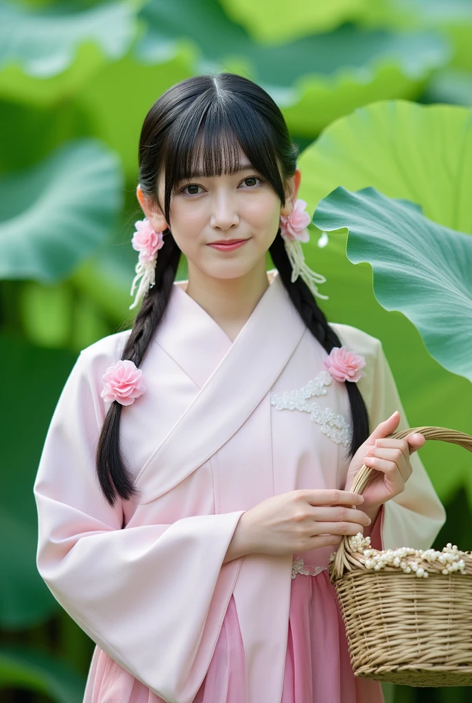 Japanese,,9 years old,Pink kimono,kimono,smile,Flat Chest,Black eyes,Black Hair,blunt bangs,Long Hair,flower,nature,1 Girl,master piece , best quality,(high resolution)