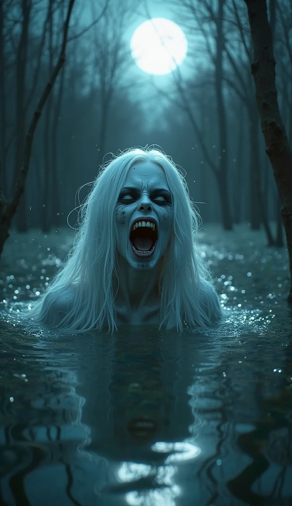 Make me a realistic image of a mermaid that has no shape showing her sharp teeth in front of the camera and behind a forest of gigantic algae. suddenly, Realistic luminescent hands emerge from the seaweed and drag him down.
