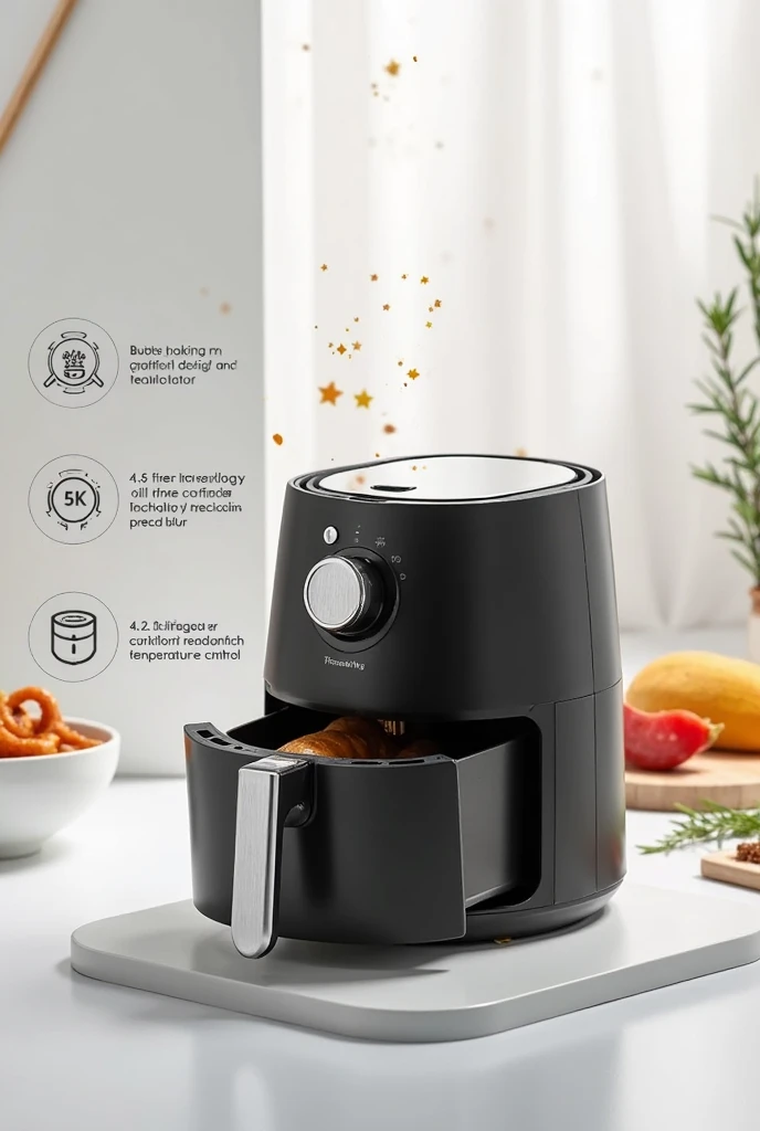 Hyperrealistic and professional image of a **premium air fryer** designed for e-commerce. The fryer must be located in a **elegant and modern white background**, with photographic studio lighting to highlight high-quality materials. It must have a sophisticated design with **matte black finish** and details in **brushed stainless steel**, with subtle metallic reflections to highlight its luxury and durability.
📌 **📷 Photography style :**
- Professional studio with diffused light and soft shadows to highlight textures.
- Composition **and without distracted**, focused 100% on the product.
- **high resolution 8k**, ideal for online catalogs.
- **angle 3/4** to show both the front panel and the overall structure.
📌 **🎯 Featured features:**
- **capacity:** 4.5 liters, enough to cook for a family.
- **Preconfigured Cooking Technology:** without oil, with 360° hot air circulation for healthier frying.
- **Digital touch screen:** Illuminated with blue and white LED light, showing temperature and time.
- **Temperature control:** Adjustable view of **80°C to 200°C** with precision of 5°C.
- **pre-configured programs:** French Fries, chicken, meats, fish , baking , vegetables and more.
- **Ergonomic design:** Minimalist heat-resistant handle with texture anti-slip.
- **Non-stick basket:** Removable and easy to clean, with BPA and PFOA-free certification.
- ** Energy Efficiency :** Optimized consumption that saves up to **50% energy** compared to conventional ovens.
📌 **📊 Additional Graphic Elements:**
- Floating labels with **modern icons and minimalist** highlighting key benefits.
- **Quality Seal ** with 5 stars and text: "Guaranteed High Quality".
- ** Visual comparison ** with a traditional fryer, showing less oil consumption.