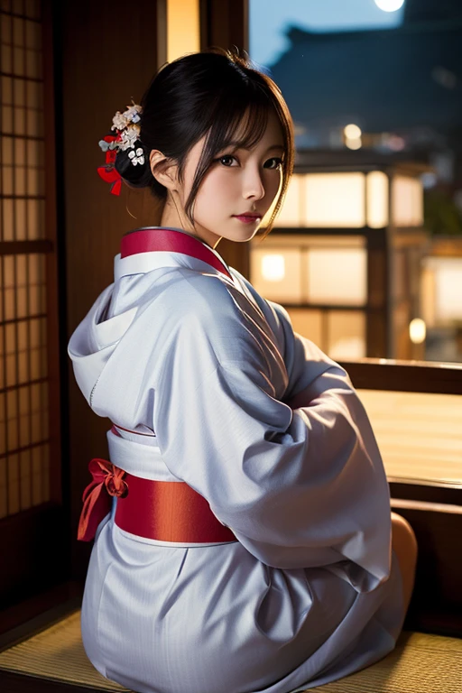 masterpiece, Highest quality, Very detailed, One girl, alone, (:3:0.9), Animal earsの毛, Animal ears, Orange Hair, Fluffy hair, blush, Brown eyes, flower, Fox Ears, Fox Girl, Slope, Slope background, hair flower, hair ornaments, kimono, kimono, View your viewers, Shrine maiden, smile, alone, white kimono, Beautiful lighting