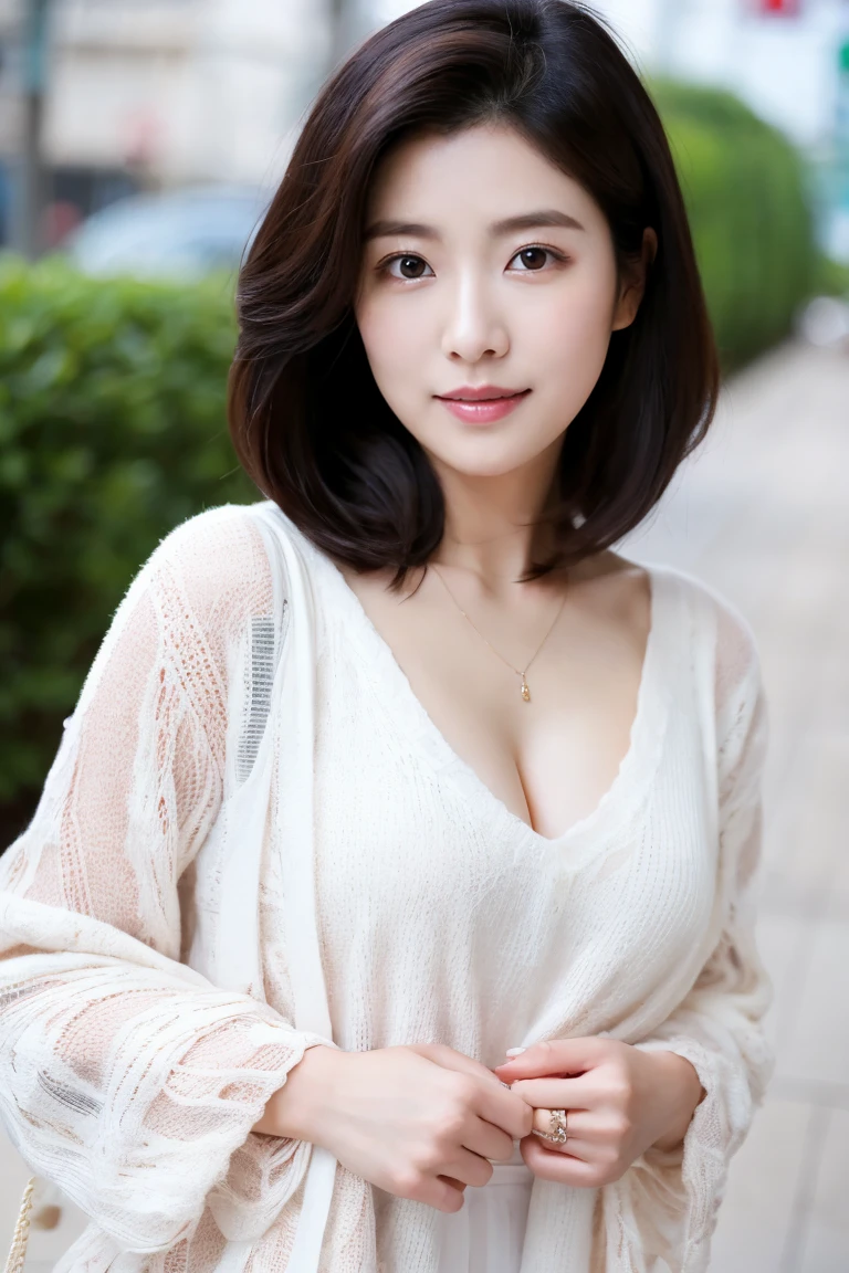 (best qualtiy,8k,32k,tmasterpiece,UHD:1.2),Beautiful Japanese woman in the photo,with short black hair,beauitful face,(Leaning forward:1.3),squatt,(from the above:1.2),(closeup cleavage:1.4),POV,Very loose slip t-shirt,big cleavage breasts,Pubic Area Showing,(beautiful nipple slips:0.9),exteriors,ventania,Glossy glossy skin,vague background,