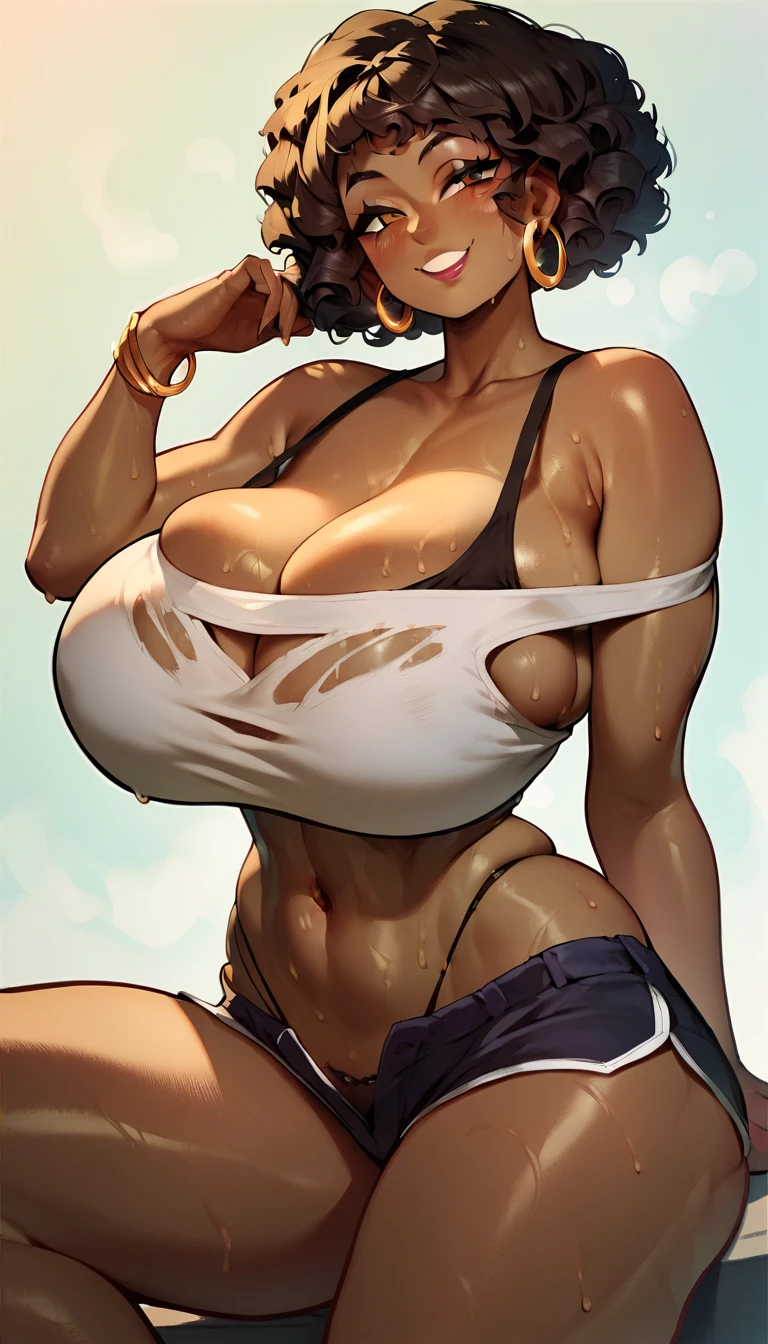 masterpiece, high quality, Detailed eyes, 
One girl, Brown eyes, Black Hair, Side Lock, bangs, short hair, (Mature Woman, Mature Woman:1.2), (Huge breasts:1.1), (Volupture:1.2), (Thick thighs:1.0), expensive, Long legs,Dark Skin, Sunburn, Bronze Skin,Drops of sweat, Wet Skin,  Oily skin, Glowing Skin, A light smile,  (Muscular:0.6),
alone, View your viewers, sSunburnding, Contrasting, Athletics, School, Contrasting, Hands on hips, (cutout Athletics uniform:1.2), belly button,  choker, Thigh straps, Skin Dentition, Nipples, (cleft of venus, Camel Toe, pubic hair:0.8)、((White tank top with thin fabric:1.6)),((Nipplesは見えている:1.1)),くっきりとしたNipples,シャツに透けているピンクのNipples