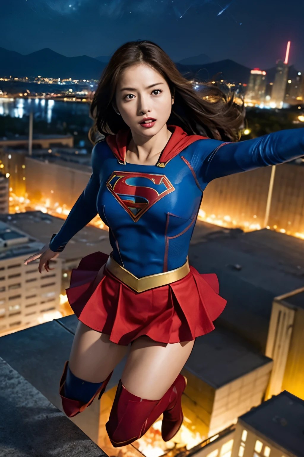 Supergirl, Defeated by a formidable opponent, Anguished expression, Lying face up, Finished off, Clothes are torn and nipples are visible, Her red skirt is torn and her underwear is visible, Eyes closed, Beautiful feet, Thighs, dark, On top of the crater, Skyscrapers at night
