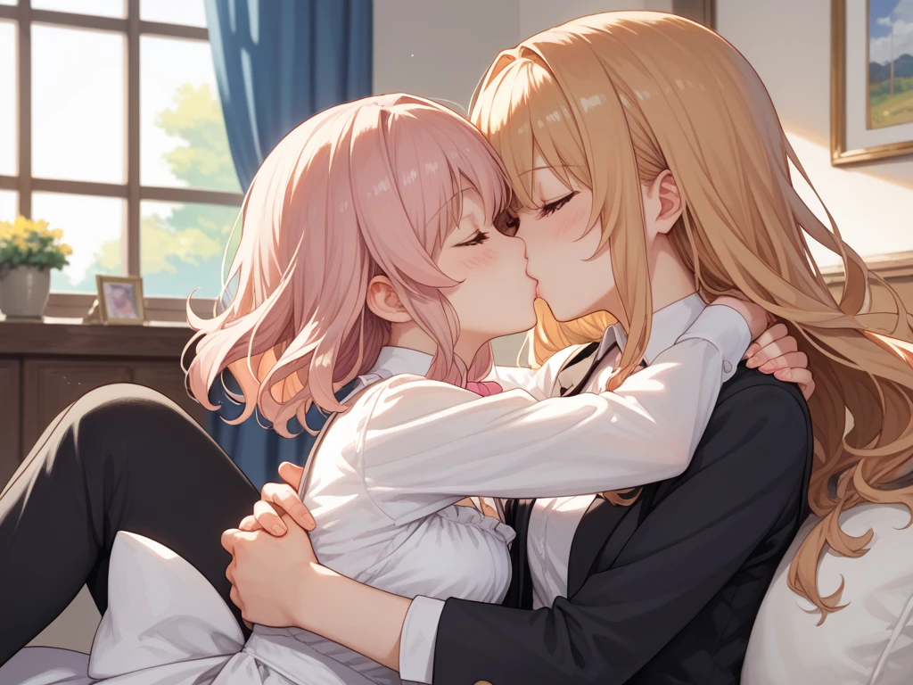 (yuri:1.2) (lesbian:1.2) (2girls:1.2) (imminent kiss:1.2) (hug:1.2) Japanimation, 35 mm, Incredibly hyper detailed and intricately realistic, full body character, Beautiful, Female, Perfect, Long Pink Hair, Black eyes, white Nurse's outfit , White nurse's cap, Detailed face, White skin, Hospital background, Cover art, zoom out, choker, hyper detailed painting, luminism, Bar lighting, with an intricate, 4k resolution concept art portrait, extremely high level illustration, 16k, extremely high level illustration, absurd resolution, absurd detailed, soft and warm lighting, (((masterpiece))), best quality, extremely detailed, Japanese scene, Japanese composition, fantasy lighting, beautiful detailed glow, perspective, depth of field, proportion, blurry background, bokeh, sharp focus, depth and dimension, bed
