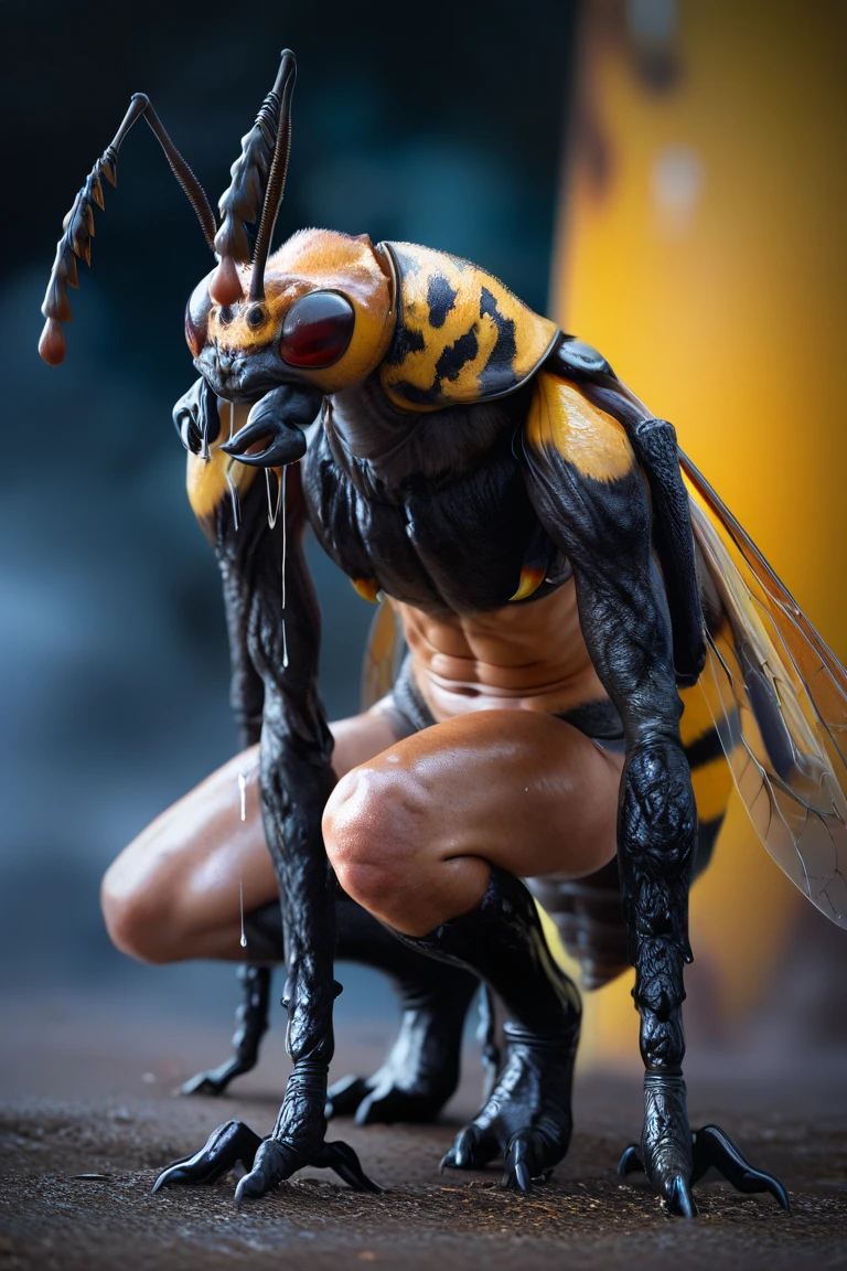 (8K, RAW photos, Highest quality) masterpiece, 1 male, 18 years old, bee man, black hair, good body, black and yellow mottled skin. Body covered in honey. has bee antennae on the head ((real) , has bee wings. ,Asian muscular man,, outlines his big, muscular breasts, sexy six pack. Naked ((genitals covered with yellow scarf)), lying in a honeycomb. full body view.