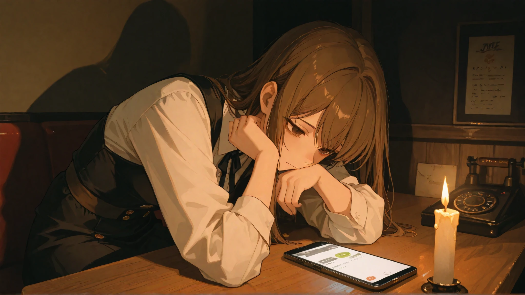 A dimly lit restaurant with elegant décor. Emily sits across from Jake at a table, her hands resting tensely on the surface. Her deep brown eyes are filled with hurt as she stares at the phone screen in front of her. Jake, dressed in a crisp button-down, leans slightly forward, his expression unreadable. The candlelight flickers between them, casting long shadows that deepen the tension in the air.