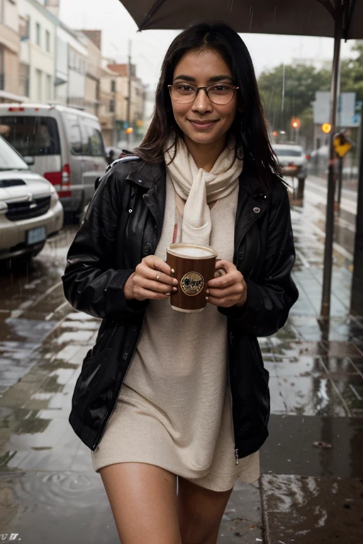 (Black Trench Coat), A figure wearing a black windbreaker is drinking alone by the window of a vintage coffee shop. The outside is drizzling rain, while the interior lighting is dim but warm. The figure wears a smile and looks to enjoy this peaceful night. The background is a vintage coffee shop and the rain outside the window, (Photography), panoramic view, award-winning, cinematic still, emotional, vignette, dynamic, vivid, (masterpiece, best quality, Professional, perfect composition, very aesthetic, absurdres, ultra-detailed, intricate details:1.3)