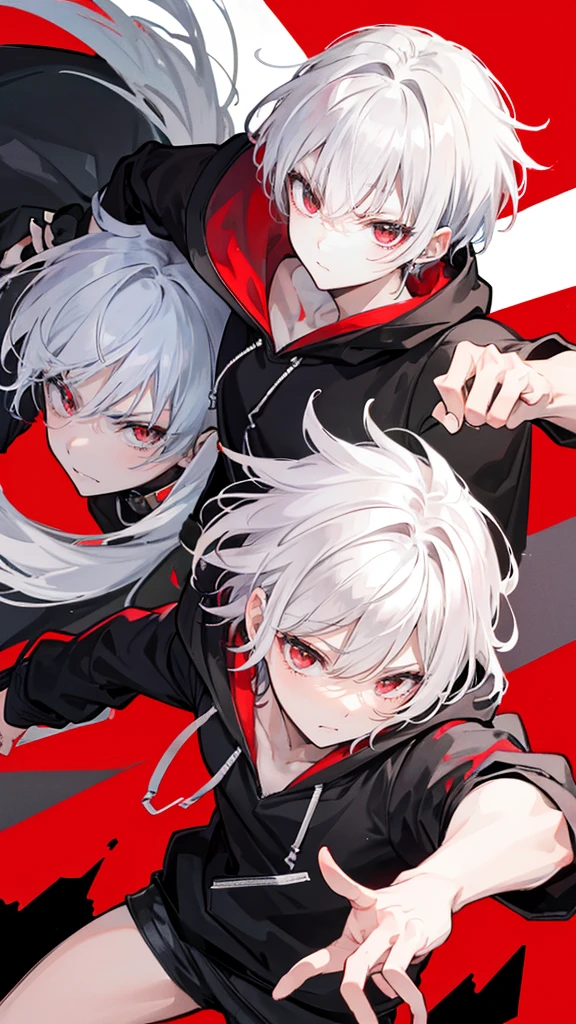 anime character with red eyes and white hair, with glowing red eyes, he has dark grey hairs, with red glowing eyes, roguish smirk, hajime yatate, a silver haired mad, neferpitou, white haired, gapmoe yandere, nagito komaeda, ayanami, white haired deity, his eyes are red and glowing