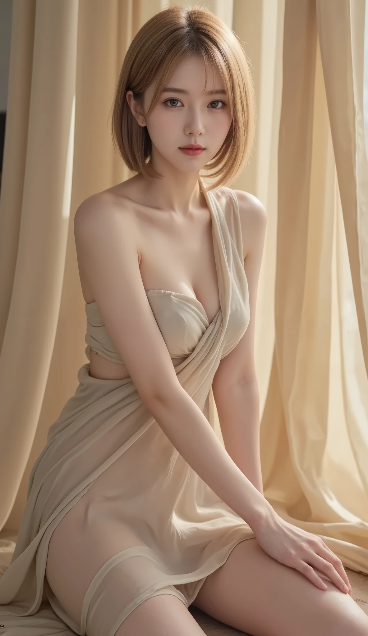 finest image, (8k, RAW photo, realistic), portrait, neat and beautiful Japanese woman, light blonde braided bangs straight short hair, shining big eyes, long eyelashes, double eyelids, red alluring moist big thick lips, huge breasts, under boobs, side boobs, armpit, slender, perfect proportion, squat with your legs wide open, large loose fluffy girly camisole dress with wide open chest and sides, blurry background fantasy, iridescent light particles, many falling petals, detailed and delicate depiction, professional lighting