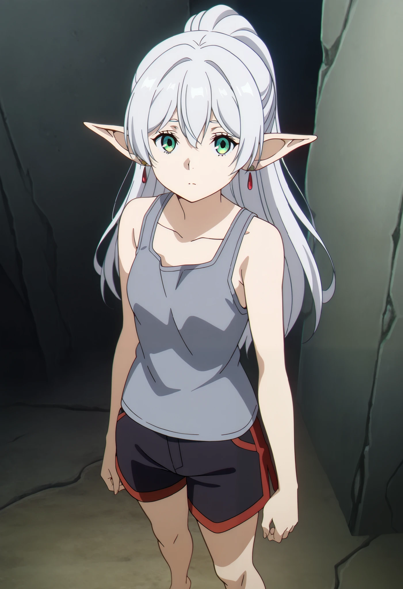 1girl, Female Elves (The gray tank top/sleeveless and The Red and Black shorts /barefoot shorts 3.4) small WHITE HAIR A girl Standing Masterpiece, anatomically correct, (Green Eye 5.5) From Suave Anime CG Art,