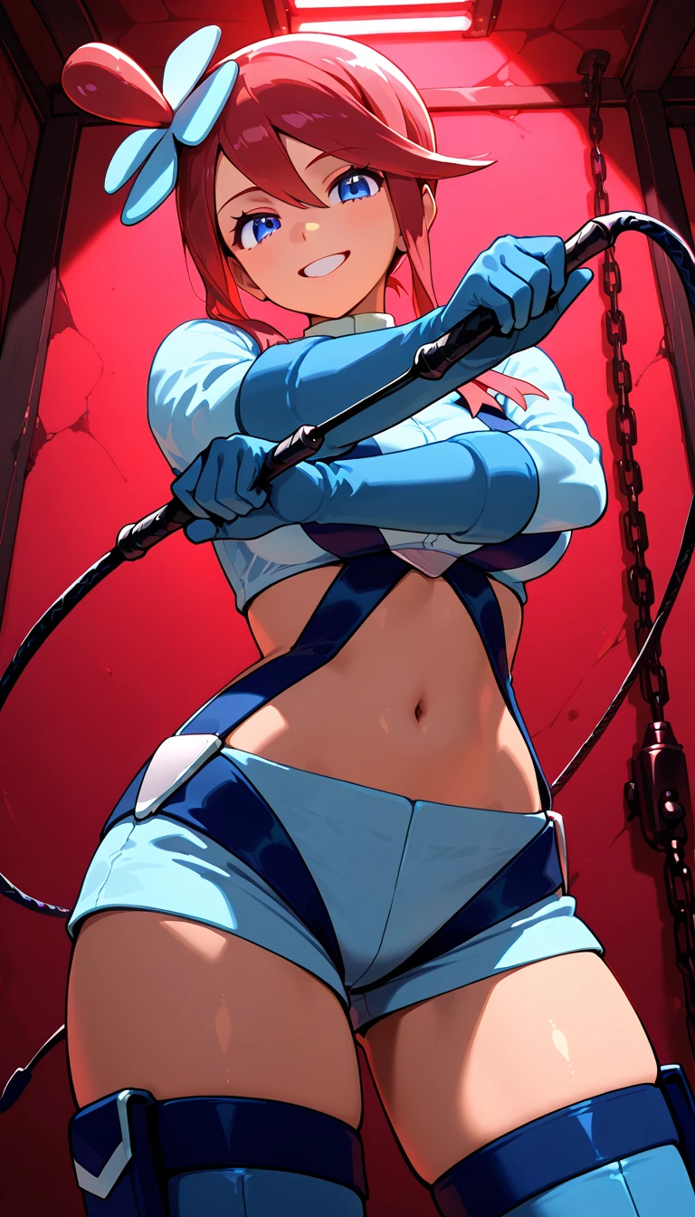 A Female robot exposes her inside mechanical organ. spread legs, nude, banzai pose. she wears no dress. Her Brown very short pigtails is tied with two big red clothespins, masterpiece, mature, android, blue eyes, full body, Height: 160cm, flushed cheeks, Uplifting, No NSFW, whole body, barefoot, archaic smile, orgasm, sweat bucket. no panties, full body shot, floating hair, looking away. cyborg made from rung to heaven. She leans arching her back hi-res position.