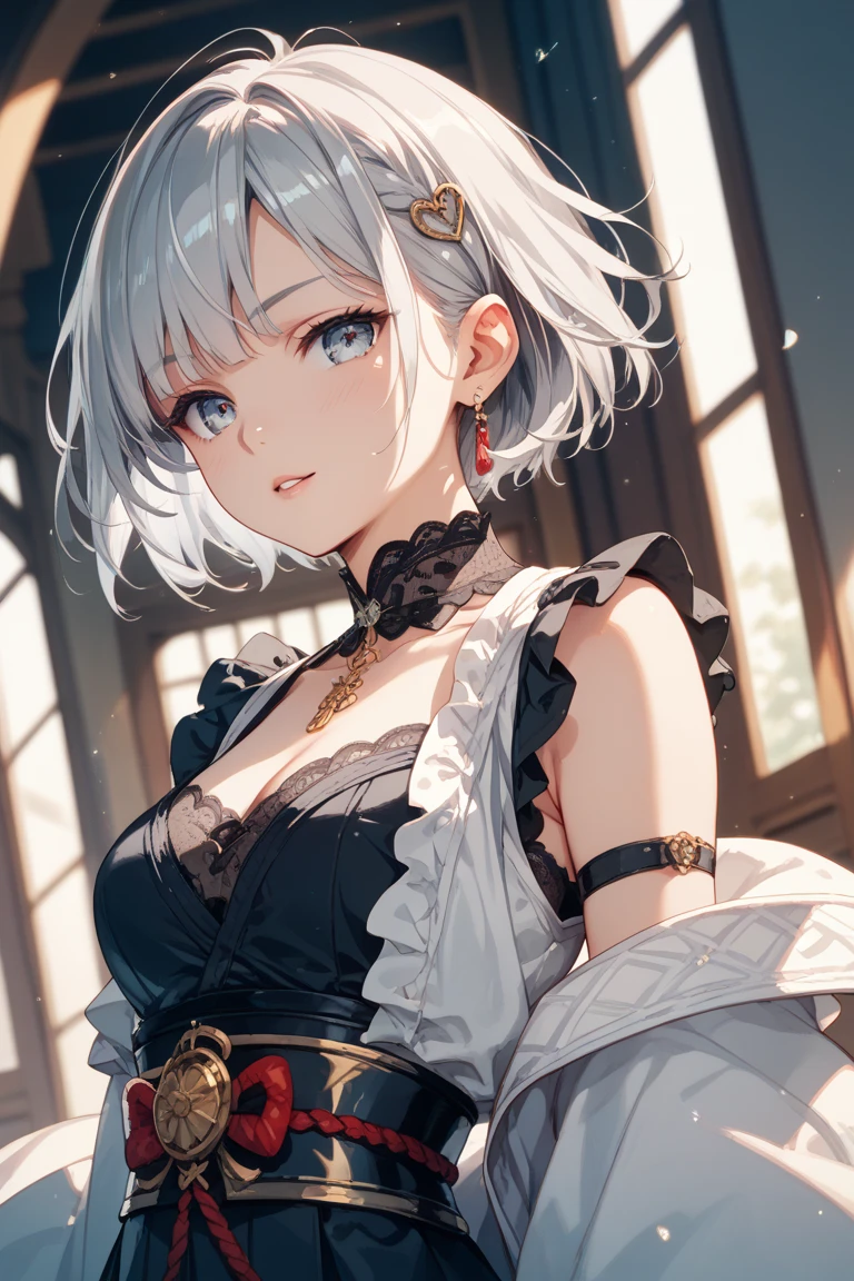 short detailed hair, nedium breasts,, Medium breast, hair adornments, pigtails, underdressing, stocklings, brunette color hair、anime girl with a cat ear and a bow tie, cute anime catgirl, beautiful anime catgirl, anime catgirl, anime girl with cat ears, portrait of ahri, ahri, Very beautiful anime cat girl, Anime moe art style, Girl with fox ears, anime cat, Girl with cat ears, anime visual of a cute cat,Virtual YouTuber,nedium breasts,Wolf tail,a sexy maid in a magical forest, Detailed fanart, author:Kamagurka,Exposed milk