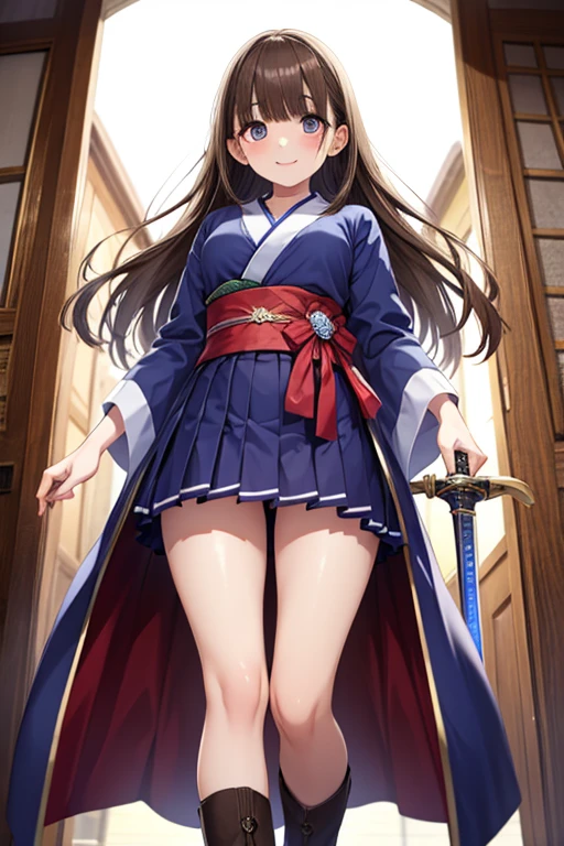 (Highest quality、High resolution、8k、masterpiece:1.2)。Her eyes were shining like stars、squat、squat。Battle Girl、Looking down but eyes looking straight ahead。Aggressive fighting stance。Crouched down and glaring at the viewer。Her bangs are tied up so that her forehead is visible。Using a Japanese sword as a walking stick to support one&#39;s body。1 girl、Hair that stands on end、Twin tails that rise up、Long Hair、Disheveled Hair、Hair swaying in the wind、kimono、kimono、Long sleeve red and black floral kimono、（background：Kyoto、night、Streets bathed in the light of the bathhouse）、Kyoto、period drama、Long kimono sleeves、Holding a Japanese sword、Blurred background、Tattoo、Depth of written boundary。Reflection in a puddle。can、or、Showing teeth。smile、sunglasses。hair ornaments。