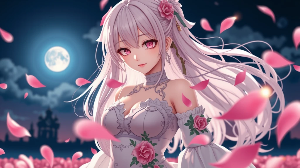Cat ear,Awesome girl, Night moon Full moon, 1 female, Mature Woman, A woman with long silvery white hair, Pale pink lips, Calm, intellectual, Pink Eyes,Flower