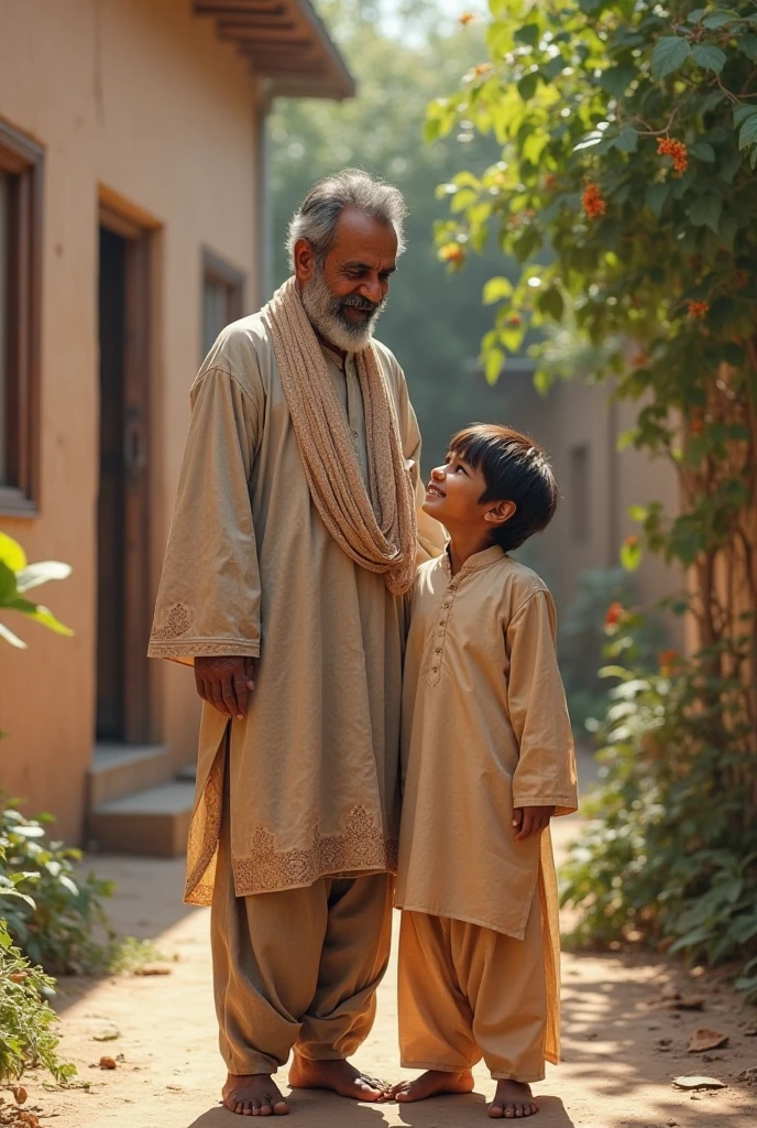 Muslim grandfather talking to his small grandson in house