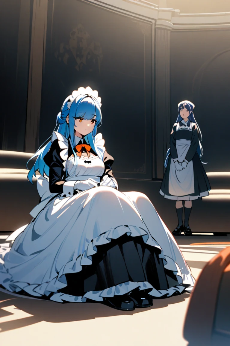 ((cathedral background)),1 girl! Ray tracing, best shadows, high resolution (dim lighting) blue hair, plump and slender girl, (girl wearing white shirt, black wrinkled skirt, with black transparent pantyhose), showing a delicate slim figure and graceful curves, correctly positioned and reasonable limbs! facial details! Delicate facial features, pay attention to the position details of the legs! Pay attention to hand details! High quality! More eligible! Reduce errors, ultra-detailed CG, more reasonable picture! Delicate finger detailing,((blue medium hair)),((White Maid Costume)),blue eyes,((whole body)),whole body,((White Maid Costume)),((White Maid Costume)),evil smile,((cathedral background)),((cathedral background)),