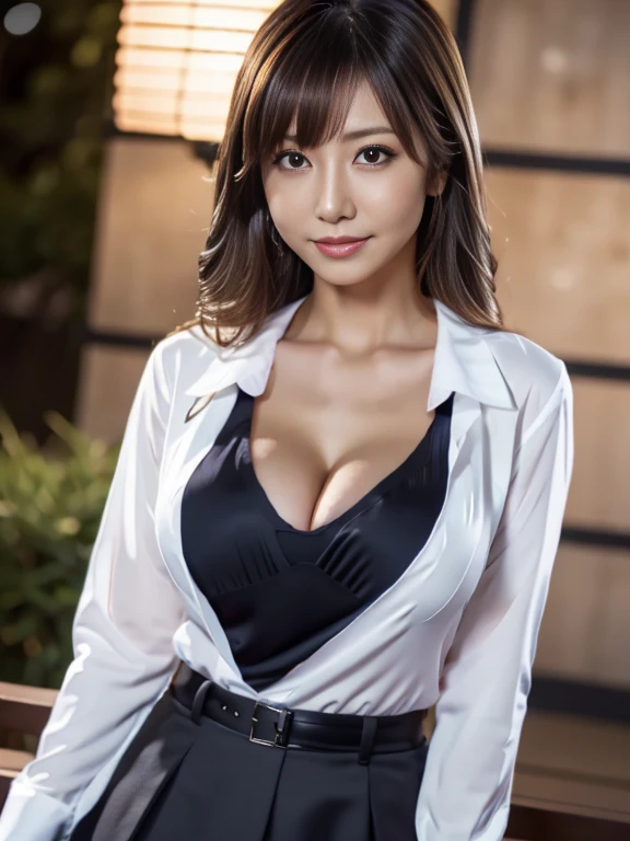 (Japanese Idols, 1 girl, Unparalleled beauty, Seduce, smile, Small face, Perfect Style, Body based on human mechanics, RAWphotograph, Real person:1.4) photograph, (Professional Lighting), (((Highly detailed face))), ((double eyelid)), (Boobs Sharp Focus:1.4), (Brown Hair, Wet Hair, Elegant light make-up, eyeliner, mascara:1.4), Huge breasts, Beautiful smooth skin, Soft Skin, 20-year-old, ((slender body)), (OL Clothing, Grey jacket, White button-up collared shirt open, Grey tight skirt, I can see her cleavage, Outdoor, Tifa Lockhart:1.4), Attractive face, NSFW, 