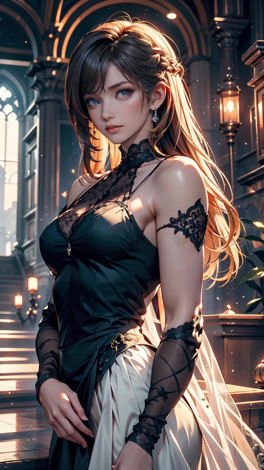 One person, alone, View your viewers, Blonde long hair, Wearing a corset, Big Ass, Brown eyes, Upper Body, Gray background, Normal boobs, lips, Realistic, A konigsreuter、Place hands on hips、smile