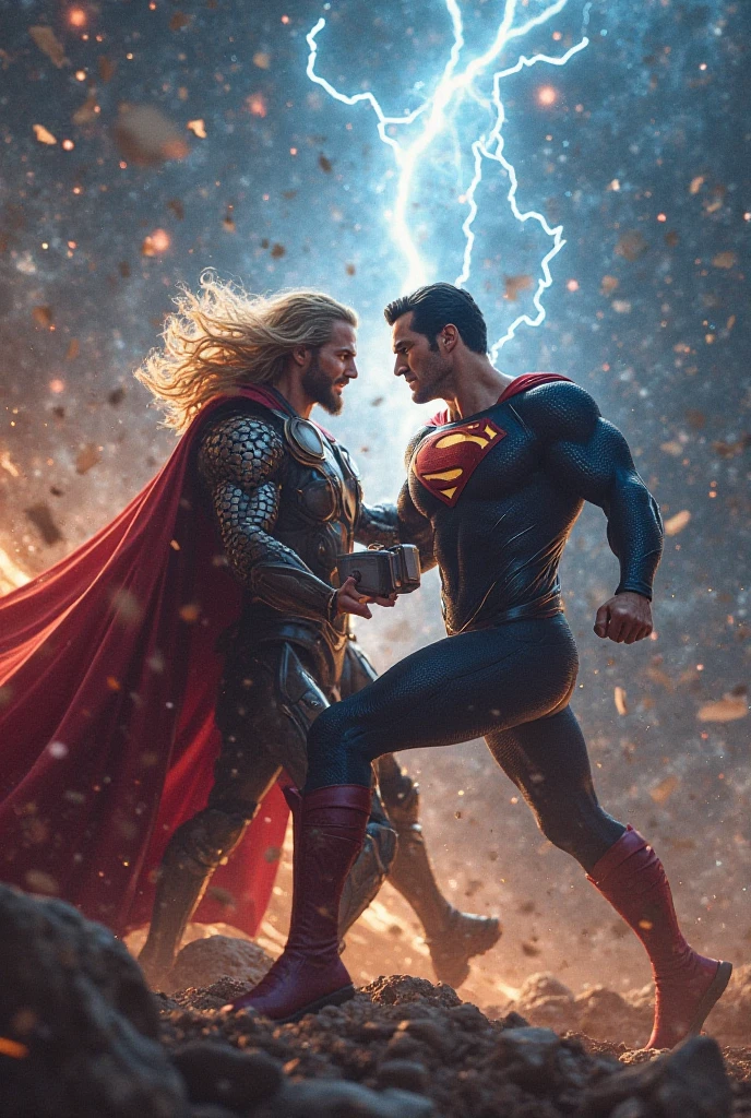 Make Superman fighting a long-haired blonde man, wearing black pants and black boots, His body has tattoos with red demonic symbols, this has the power of energy