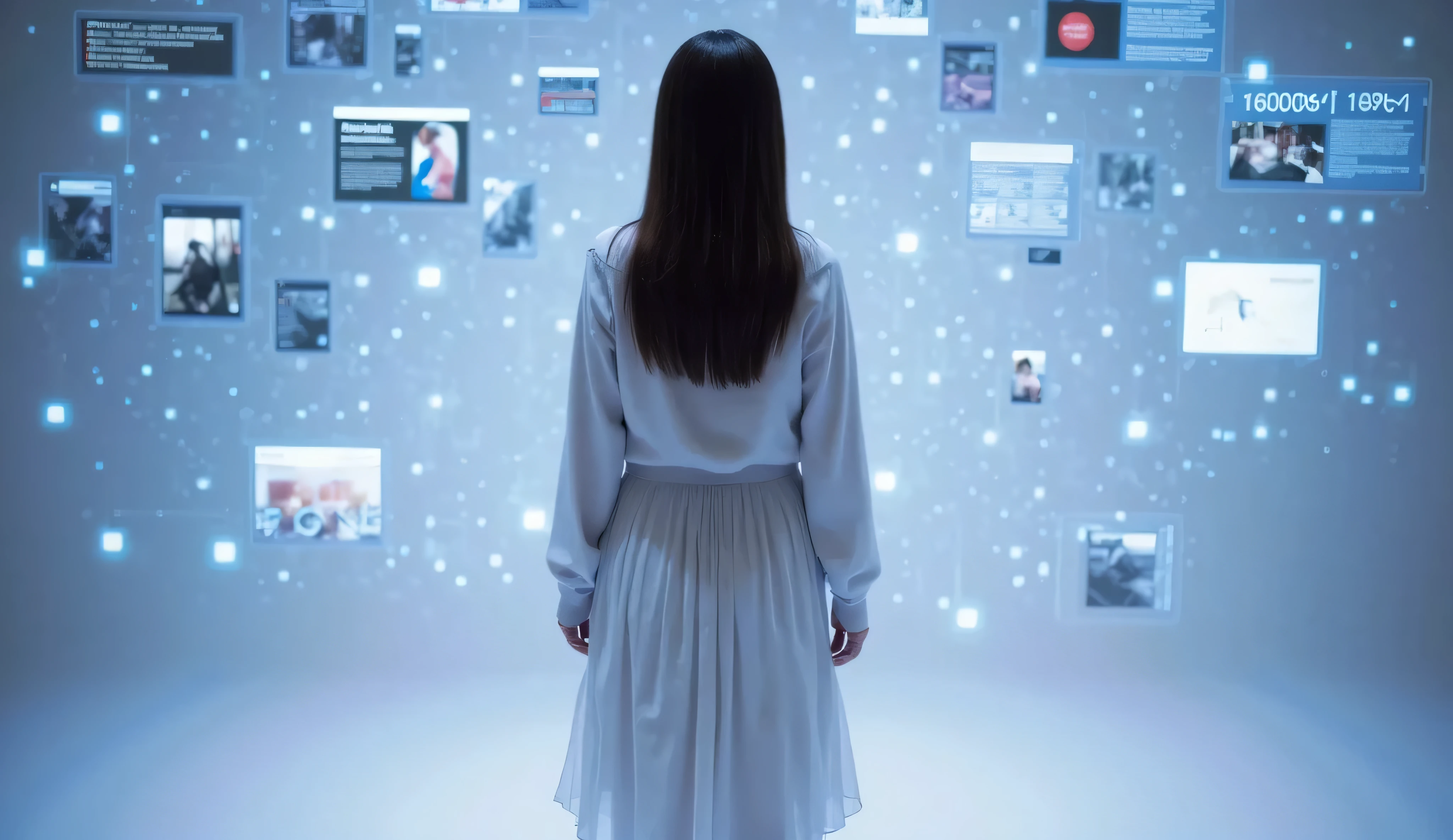 A young woman in a flowing white dress stands before a holographic interface, surrounded by floating windows of data, images, and analytics. The interface glows with a soft blue light, creating an ethereal and immersive atmosphere. The woman, with her long-sleeved dress that reaches just below her knees, calmly observes the complex information on display. The scene blends the serene simplicity of her attire with the advanced technology around her, highlighting the future of digital communication and information management.