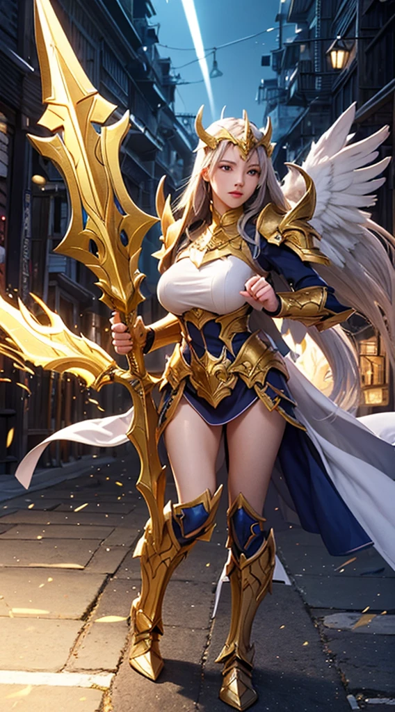 Create an image of Riven in her 'Dawnbringer' skin, adorned in radiant, angelic armor with glowing golden details. Riven is using her 'Valor' ability, with a protective golden shield forming around her as she dashes forward, leaving a trail of light in her wake.
