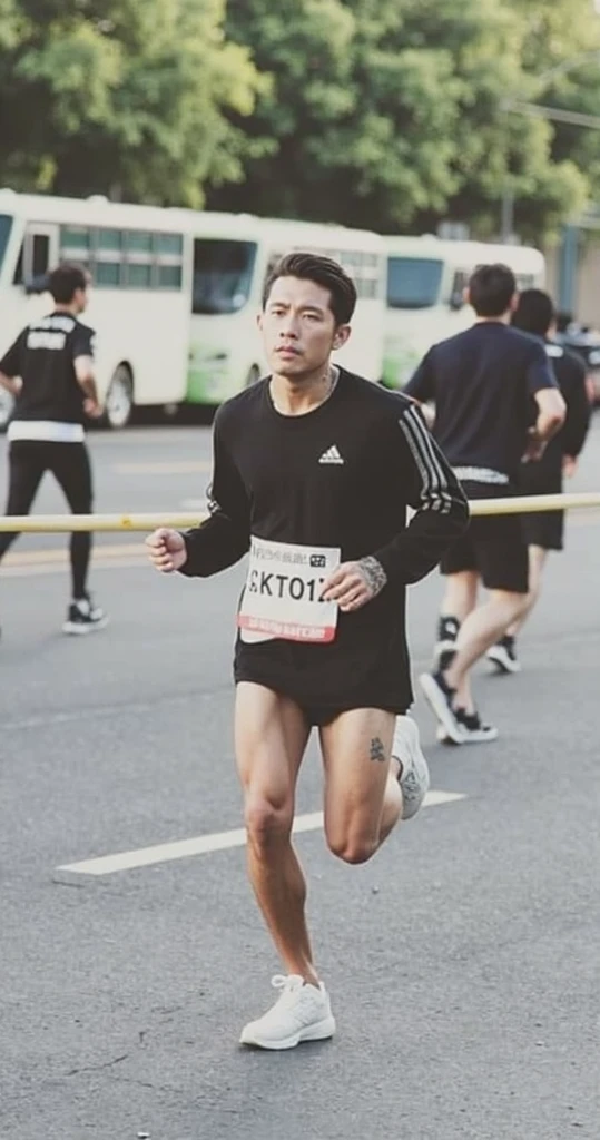 Photos of male marathoners whose white clothing is soaked in the rain and their erect cocks are visible through the white clothing.
