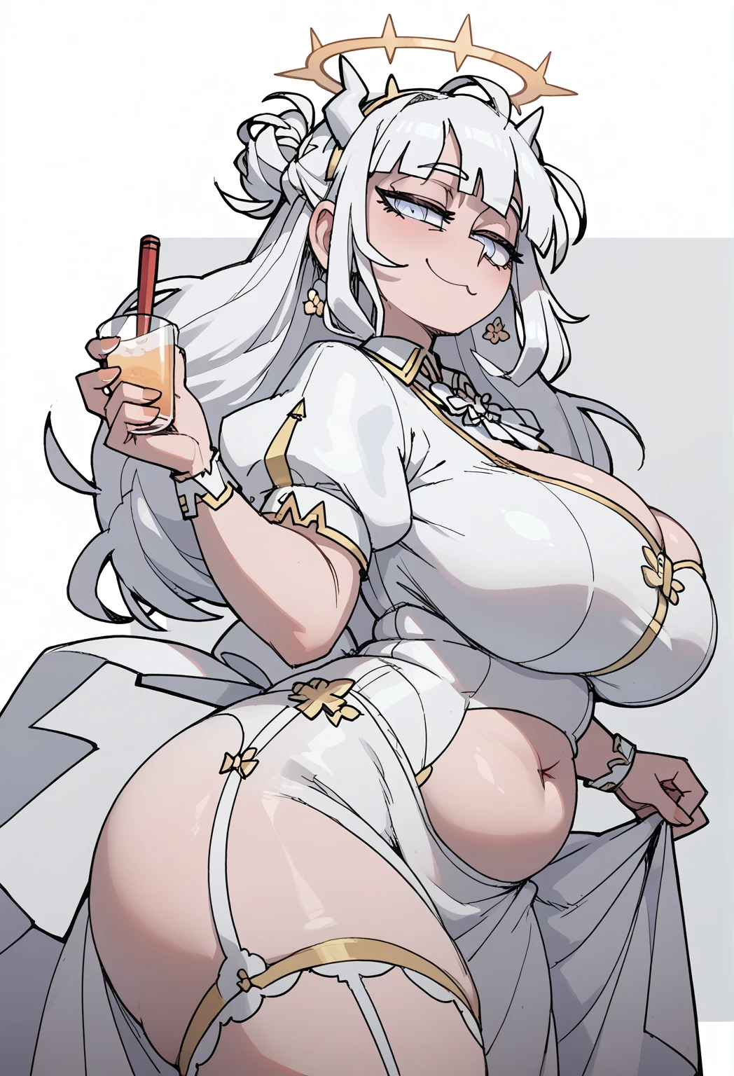 1girl, large breasts, wide hips, thick thighs, dark-skinned female, dark skin, white hair, yellow eyes, tiger print, tiger ears, highleg, highleg bikini, micro bikini, tiger tail, smile, smirk, smug, bar, cocktail glass, thighhighs